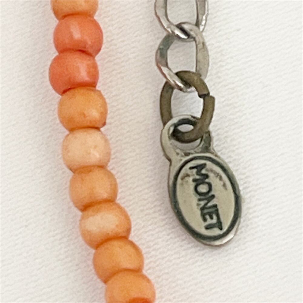 MONET Signed Coral Cabochon Antique Brass Necklace Vintage - Picture 9 of 11